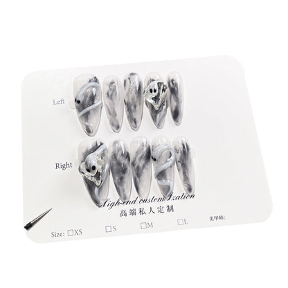 Cold soot smudged handmade press-on nails three-dimensional coiled snake medium and long Spice Girl nail patch wearable nail sticker｜365nails