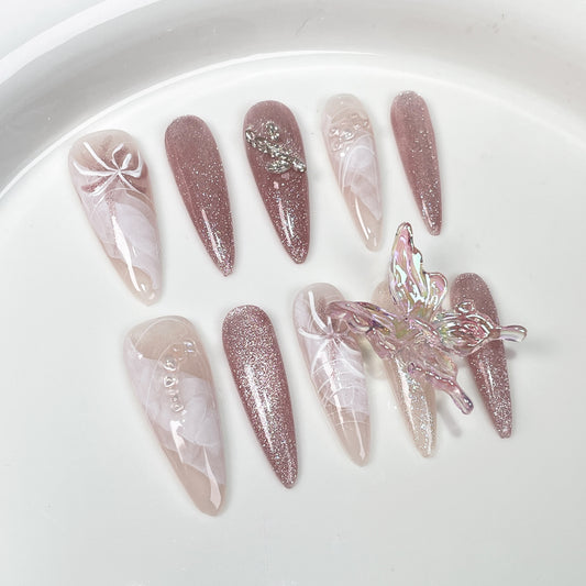 Handmade armor three-dimensional ice crystal butterfly clear feeling hand-painted watercolor smudge cat eye long tip nail art finished patch｜365nails