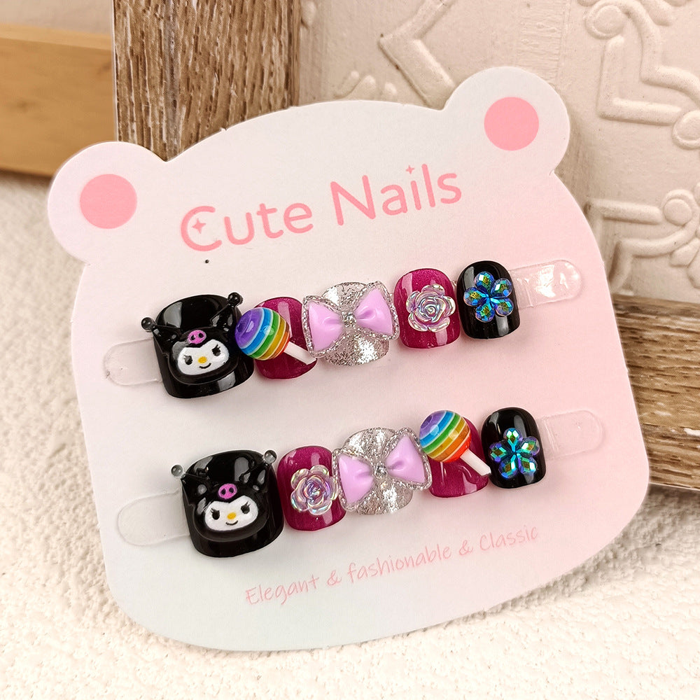 Black three-dimensional Kulomi wears cute nails, children's short nail art 3D lollipop fake nail patch