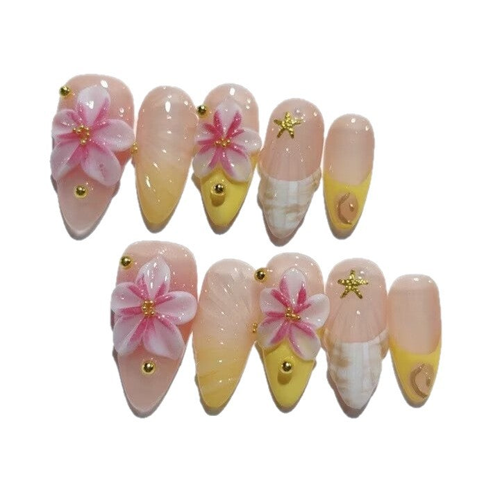 Tropical Bloom: "Brilho de Hibisco Rosa" – Unhas Postiças Artesanais Formato Amêndoa