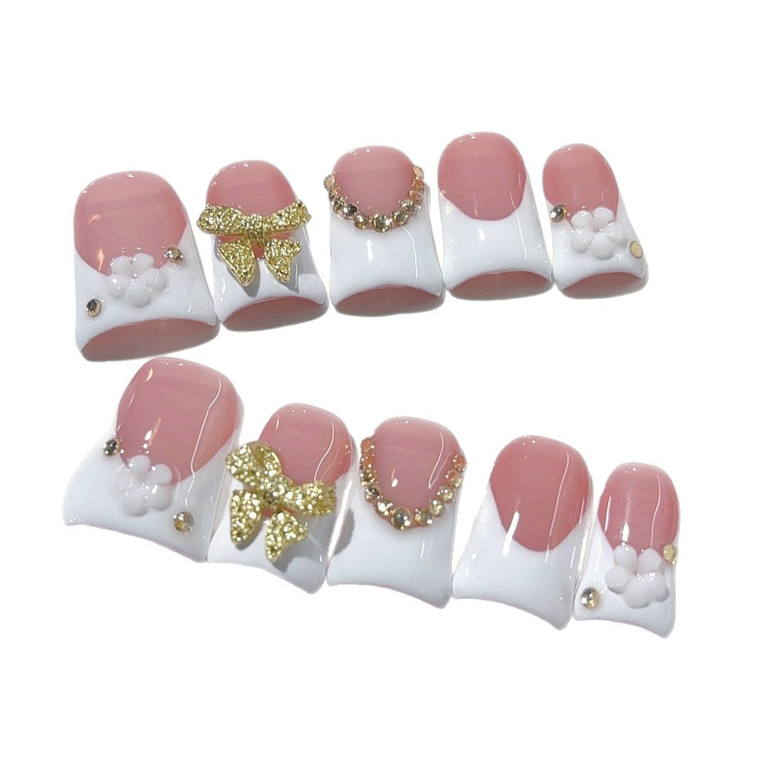 365nails: "Blush Gold Bow" – Short Square Nude-Pink French Gold Handmade Press-On Nails