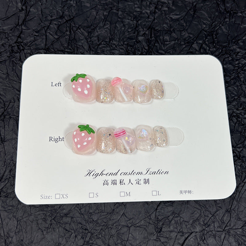 Parche de uñas con diseño de piruleta de fresa tridimensional, hecho a mano, bonito y dulce, adhesivo para uñas desmontable｜365nails
