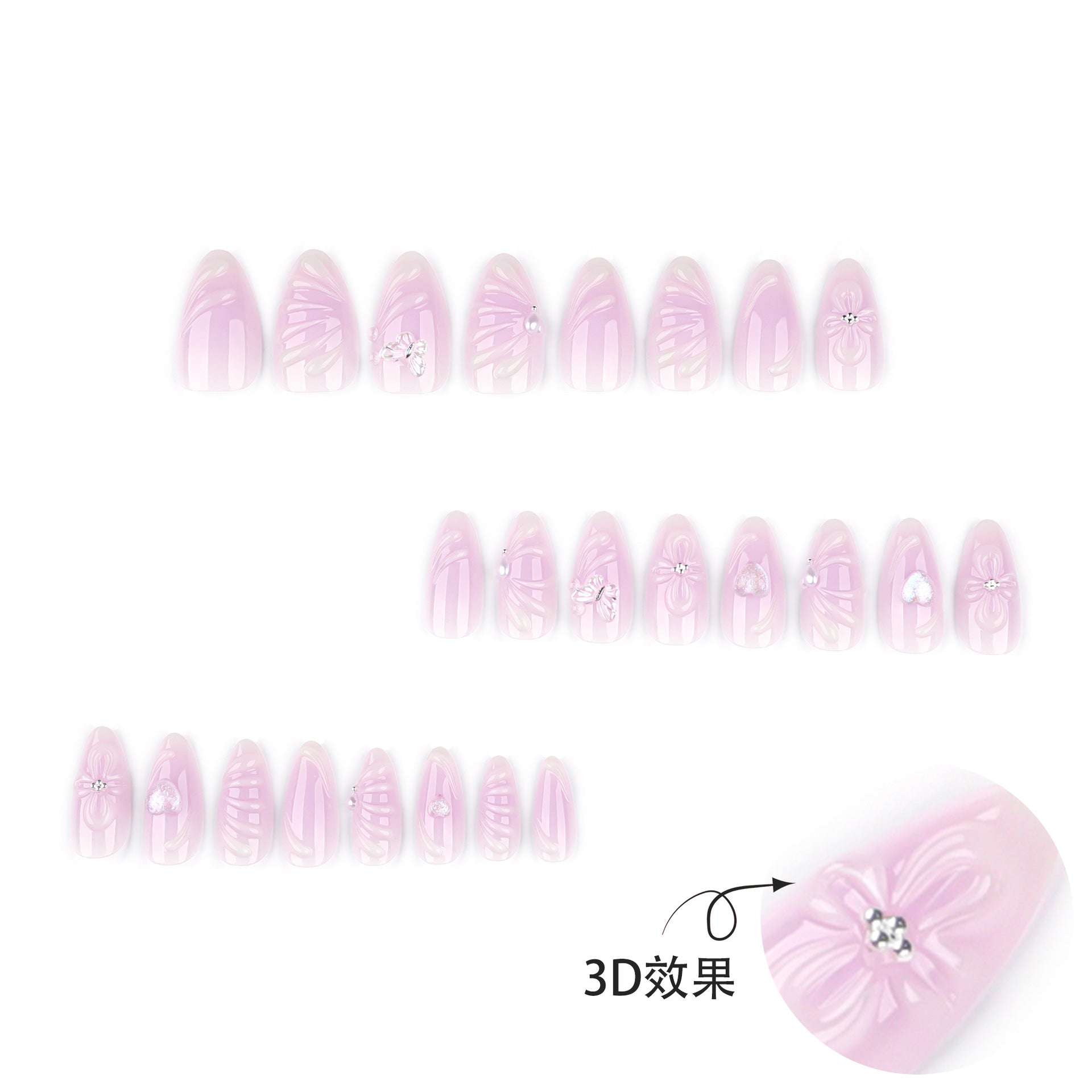 3D 花卉美甲穿戴甲 — 愛心與蝴蝶圖案 — 短款杏仁形穿戴甲