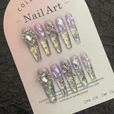 Aurora Crushed Ice Amethyst Butterfly Diamond Long Coffin Shape press on nail