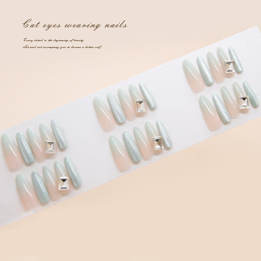 Nail Tips  prefabricated nail, simple detachable nail piece, pink and blue gradual change nail patch, cat eye drill model ｜365nails