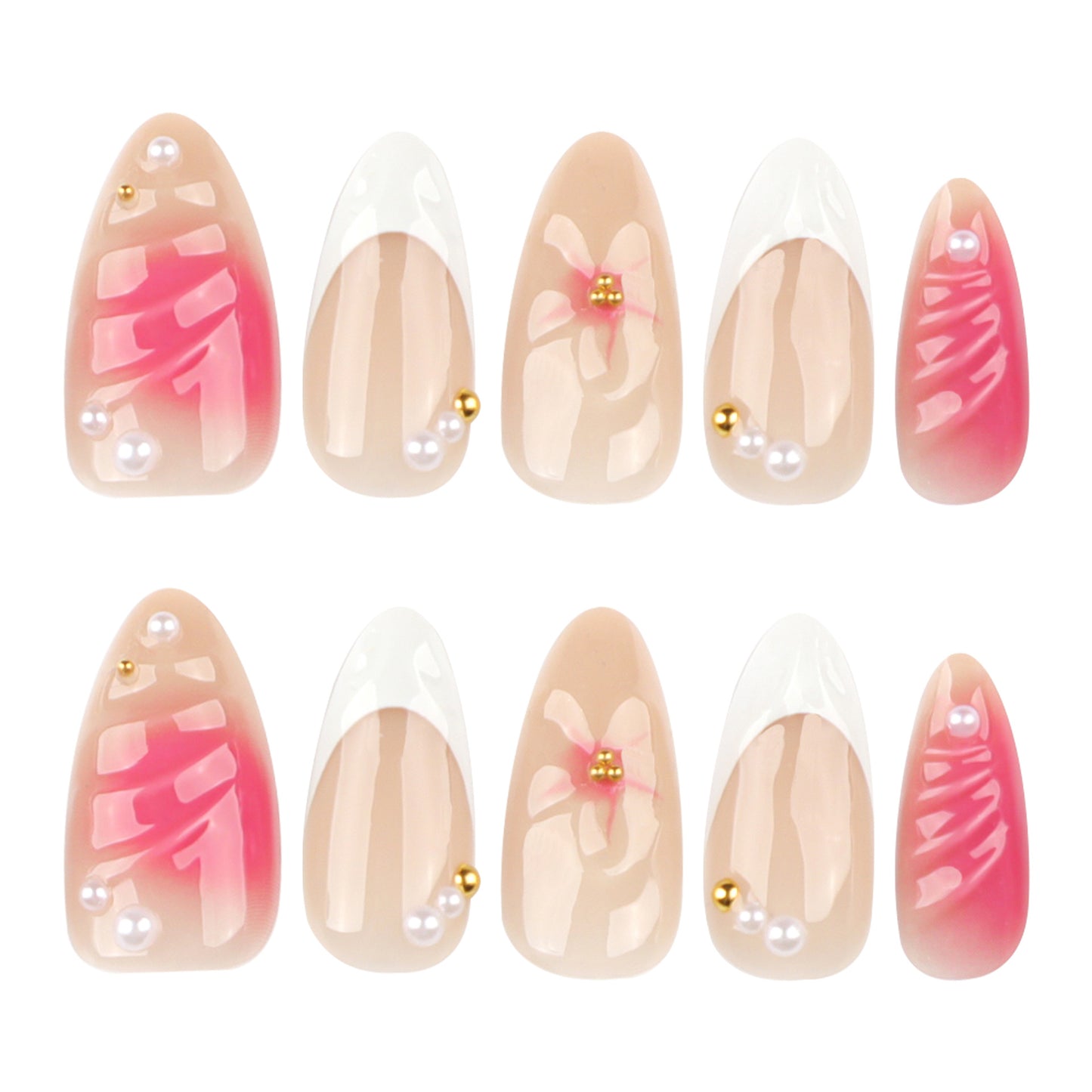 Blush 3D Stereo Flower Short Almond press-on nails