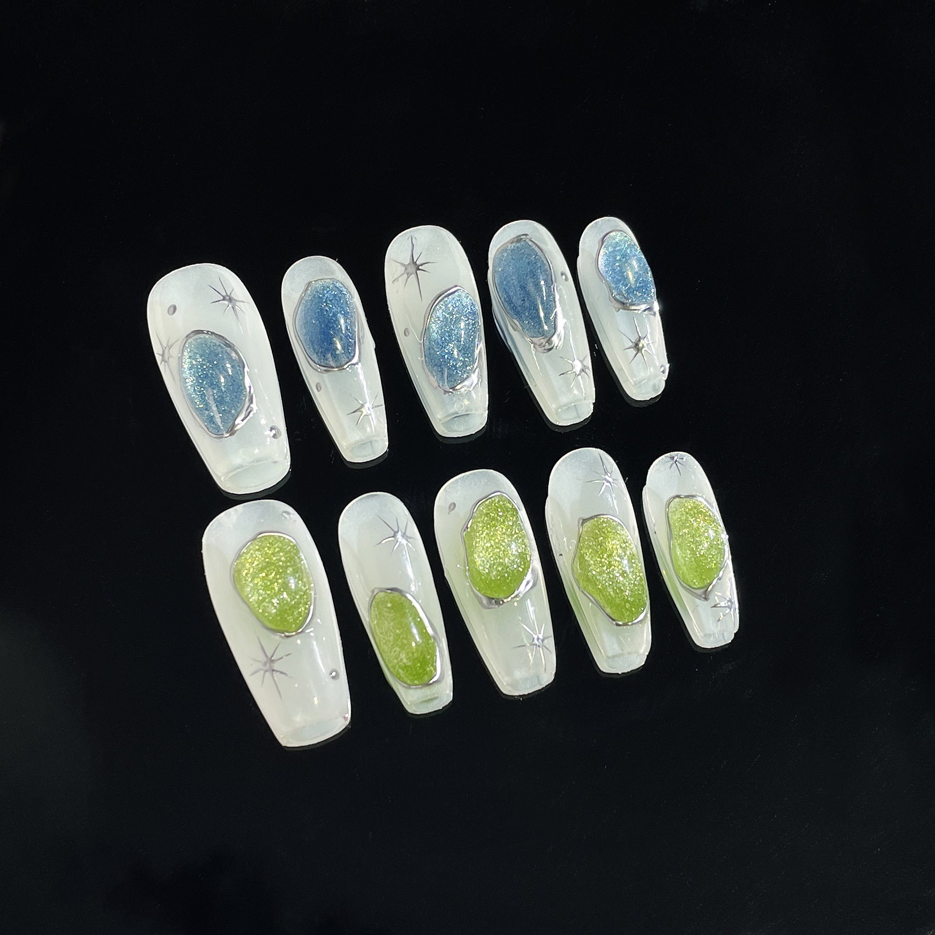 Unhas postiças artesanais leves e luxuosas de alta qualidade, olho de gato, flash, cor contrastante, adesivo de pato mandarim ｜ 365nails