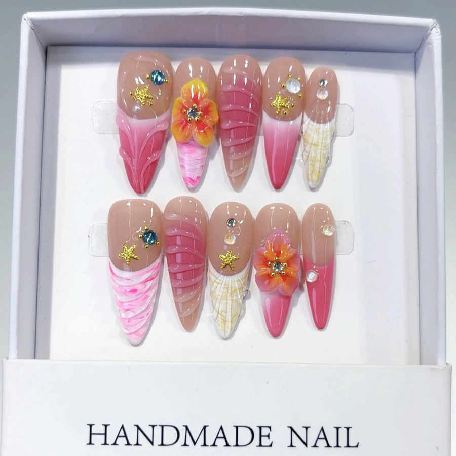 Étoile de mer tropicale : "Floral rose" – Ongles press-on forme amande