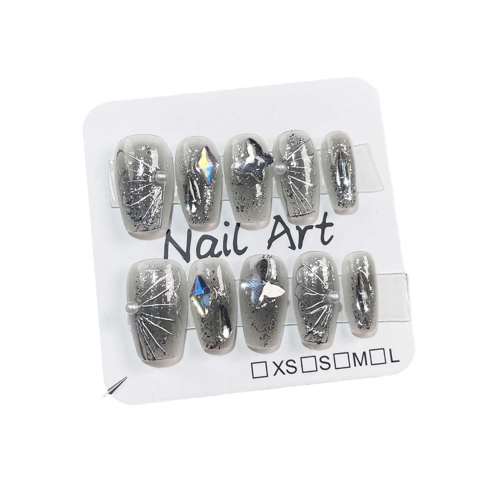 Shimmer Black Blush Nails with Metallic Butterfly Detailing