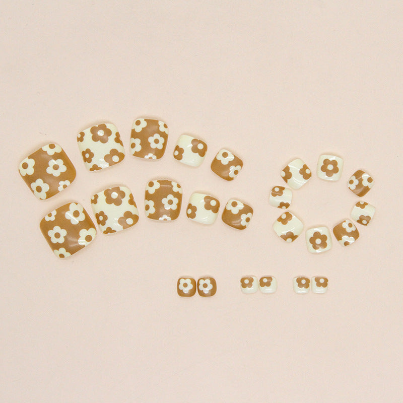 Cute short Press-on toenails nail milk coffee chestnut color complementary flower fake nail summer must wear nail Press-on toenails nail piece｜365nails