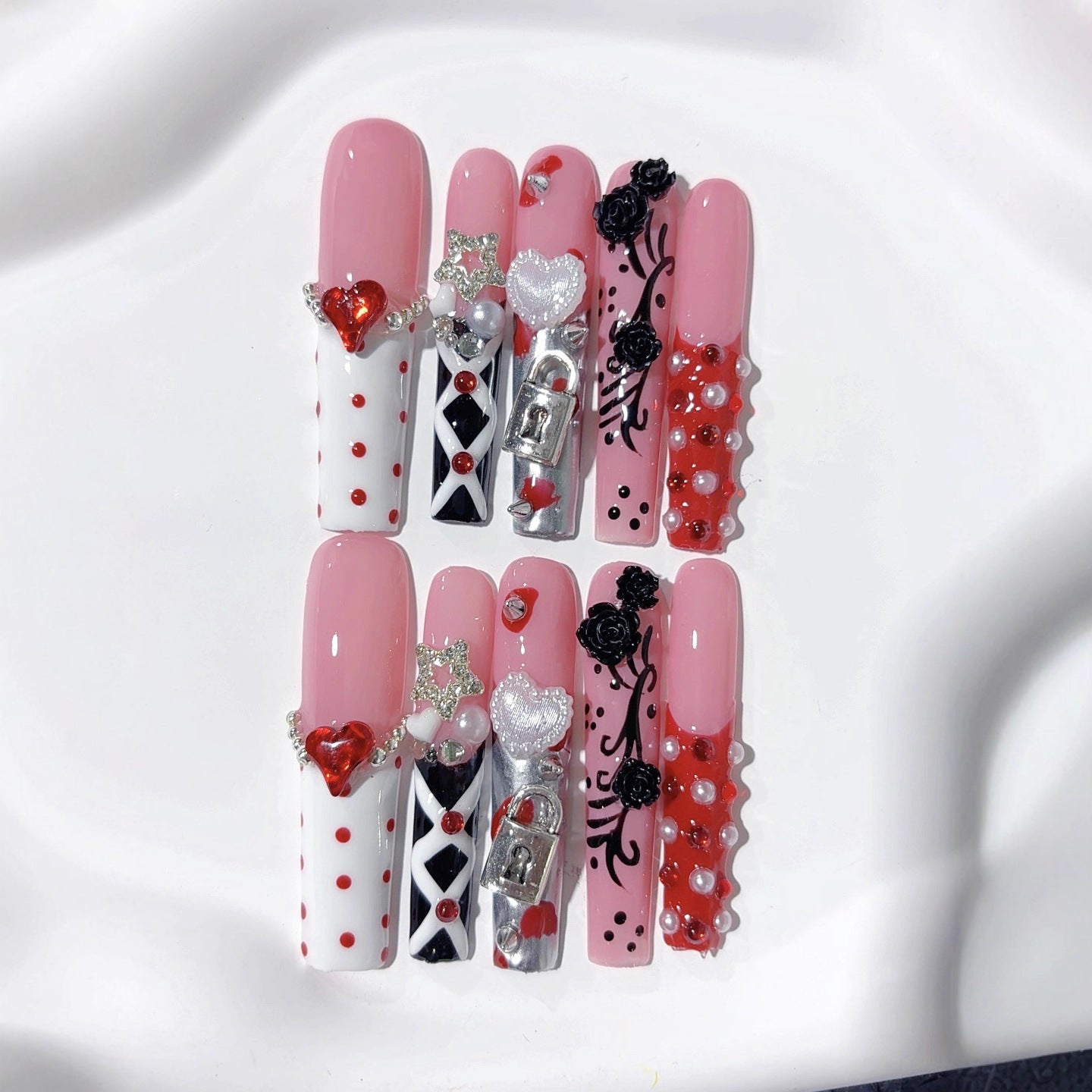 Pink Gothic Heart Crystal Statement Press On Nails