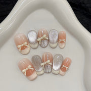 365nails: "Ballet Ribbon" – Laço 3D, Ponta Francesa e Glitter Prateado Unhas Coffin Feitas à Mão