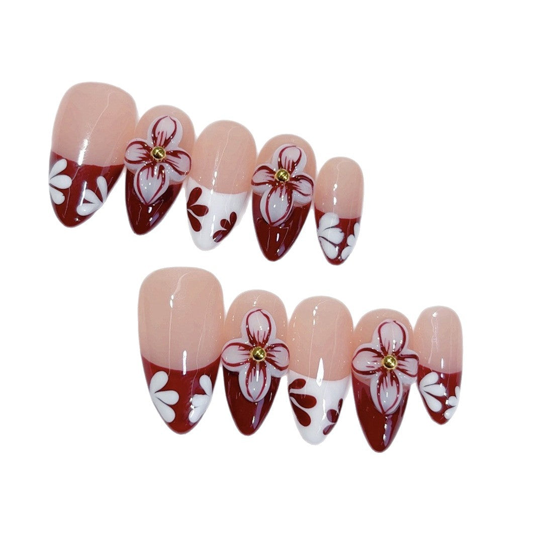 Timeless Bloom: "Crimson Floral" – Almond Shape Handmade Press-On Nails