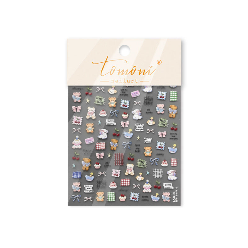 Embossed Teddy Bear & Bunny Nail Stickers – Sweet Cherry Gingham Set
