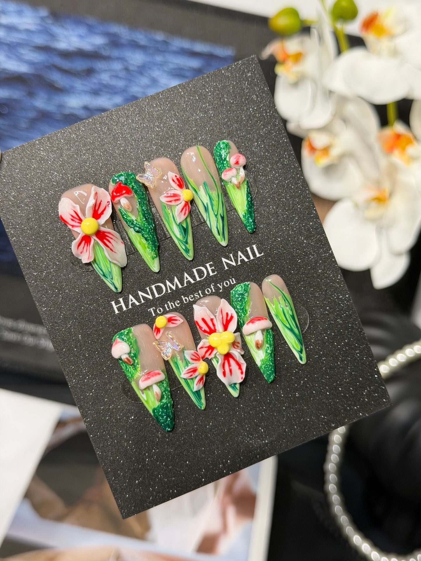 Tropical Escape Collection: "Plumeria Paradise" – Medium Almond Press-On Nails