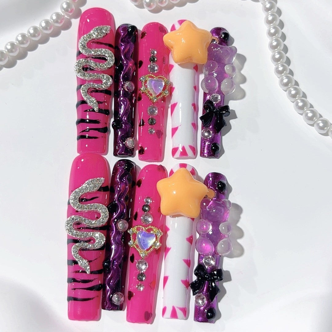 Neon Star Snake Crystal Bold Press On Nails