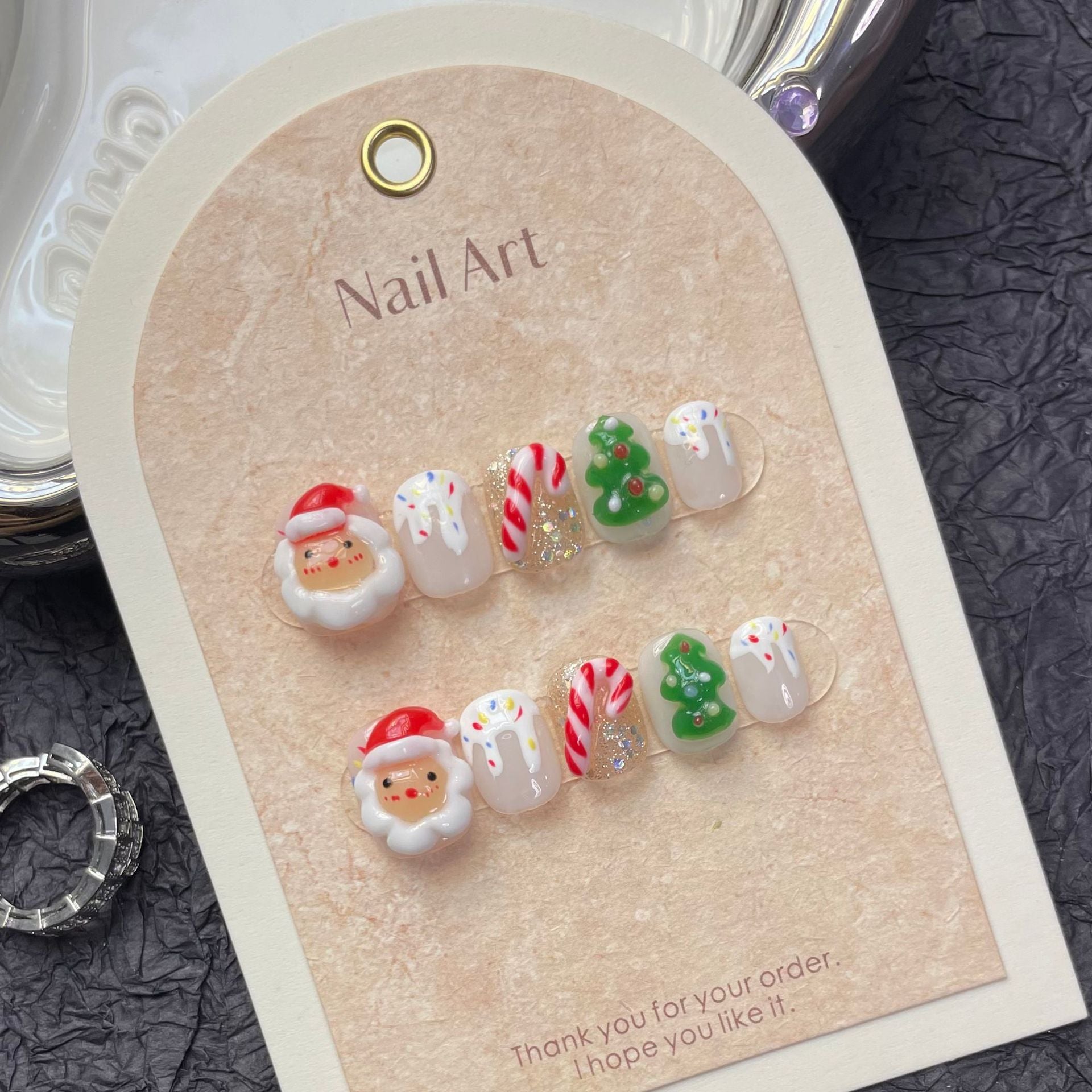 Santa and Christmas Tree Press‑On Nails – Candy Cane Cute Holiday Design
