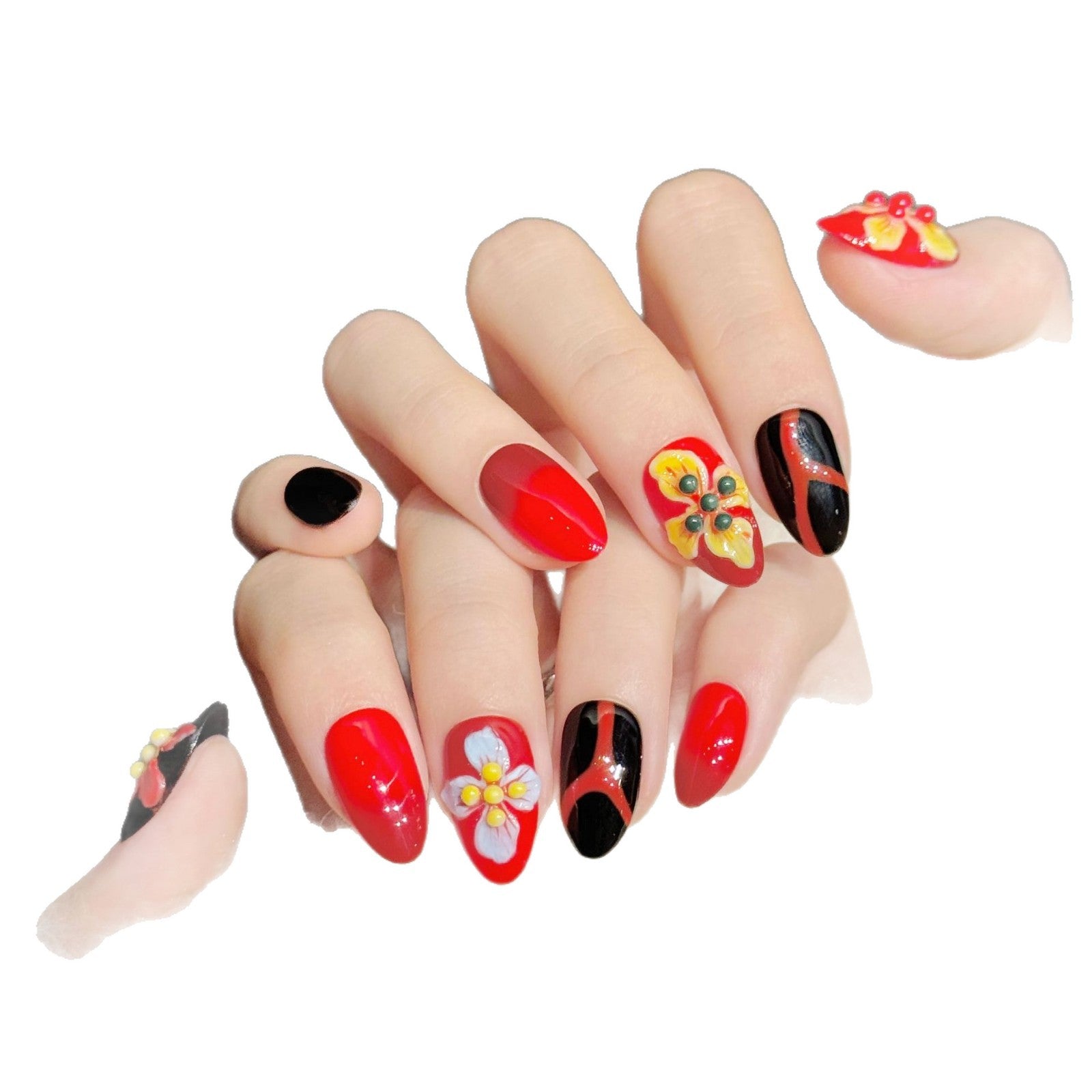 365nails: "Fiery Blossom" – 3D Floral & Abstract Handmade Almond Nails