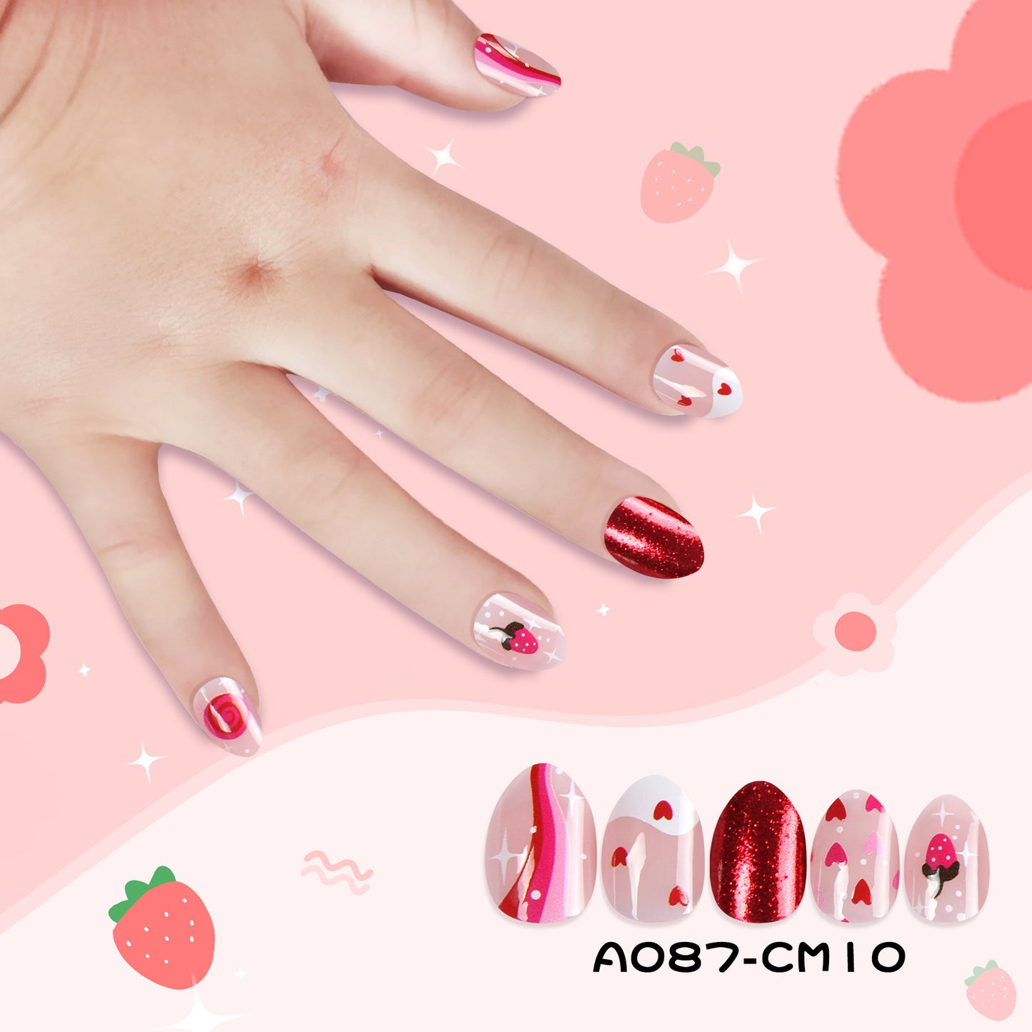Kids press-on nails Cute Cartoon Strawberry Lollipop Red Glitter Powder 24 Pieces Almond Tip Children's Nail Patch