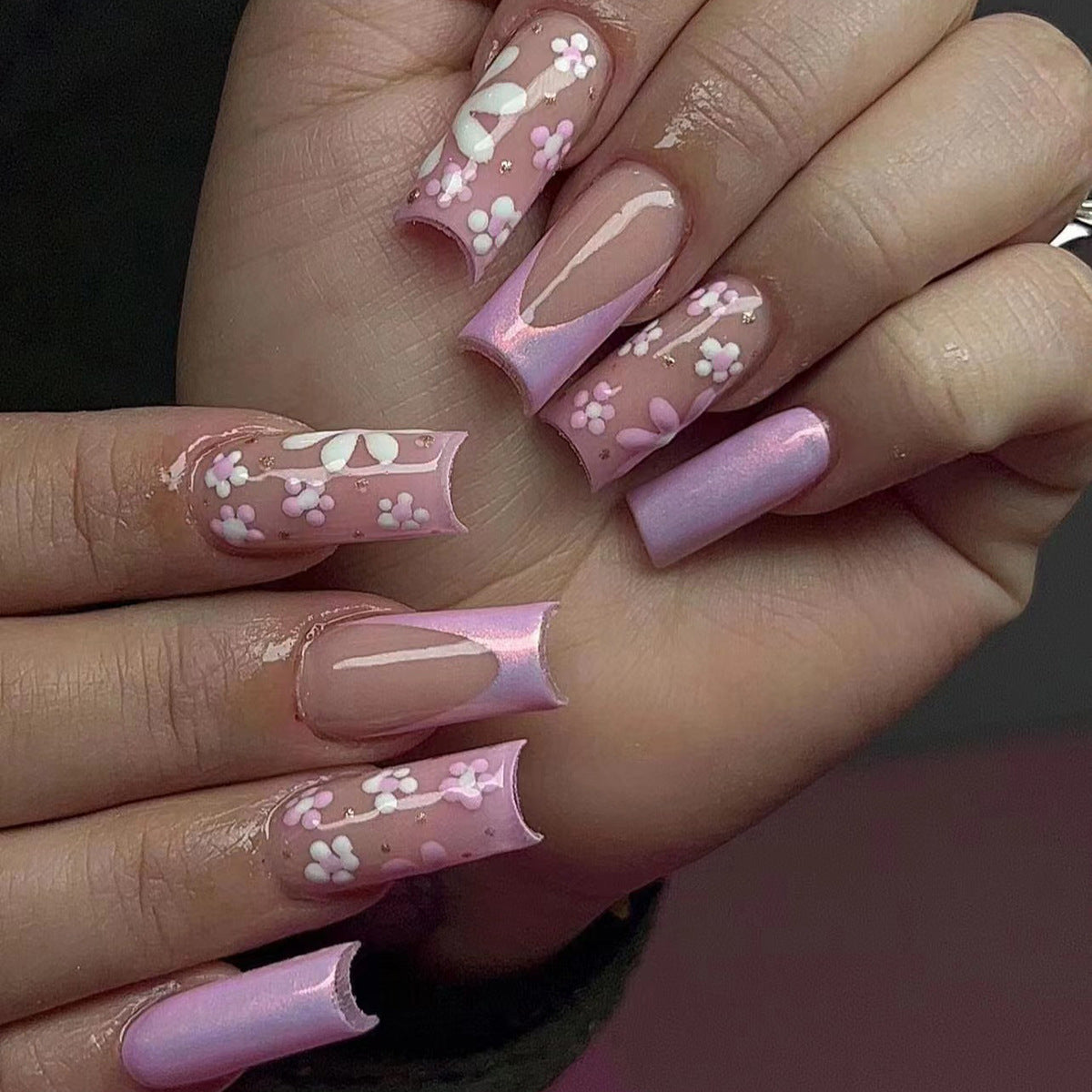 Adesivo de unhas postiças, unhas de camaleão polarizadas com flores rosa e brancas, arte de unhas finalizada, unhas postiças removíveis, produto finalizado｜365nails