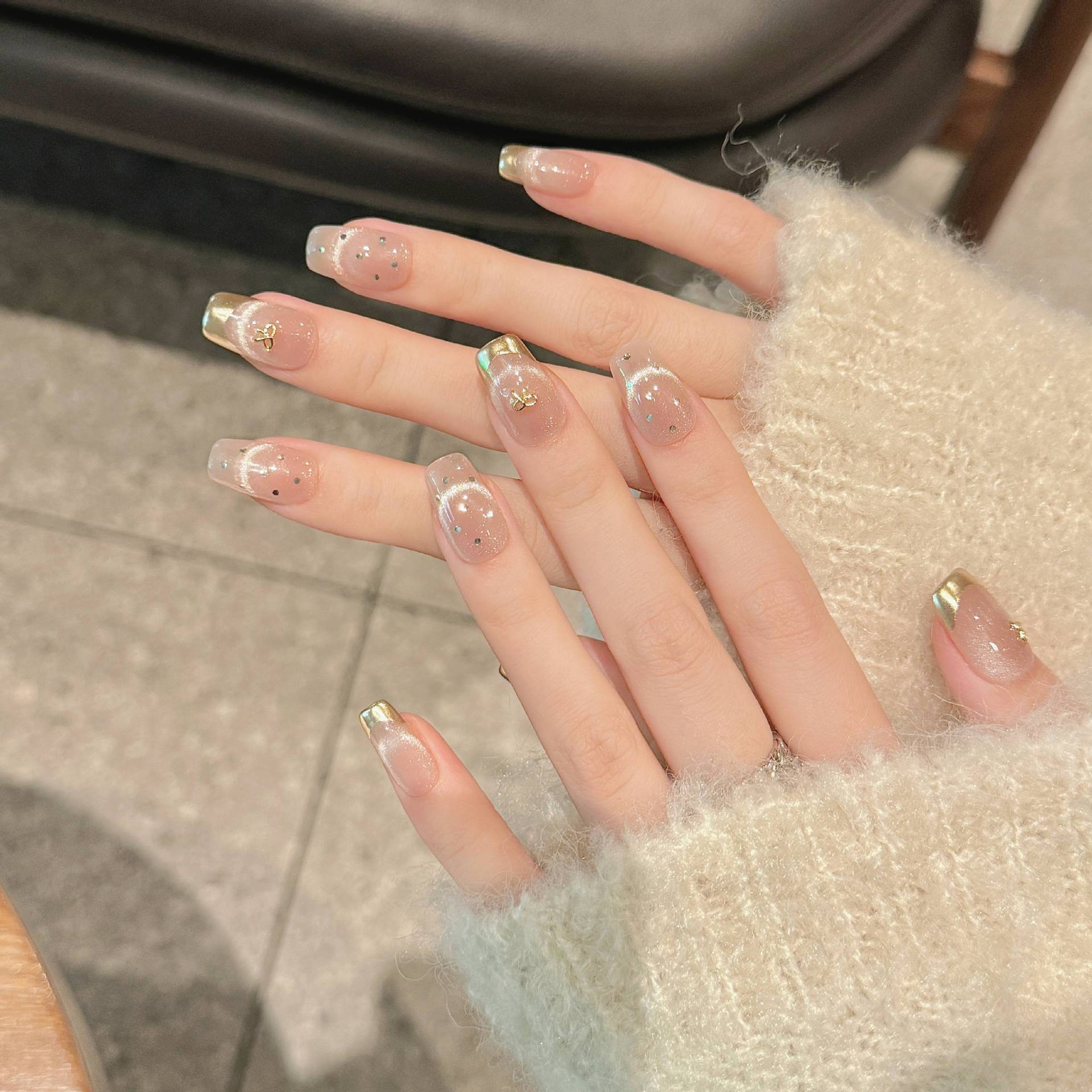 365nails: "Golden Dew" – Minimalist Gold Foil & Chrome Handmade Coffin Nails