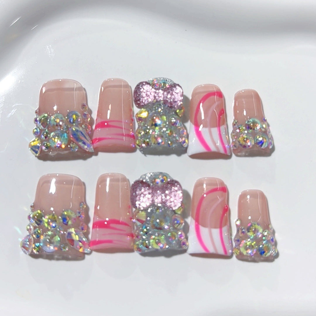 Disco Glow: "Pink Iridescent Crystal" – Square Shape Handmade Press-On Nails