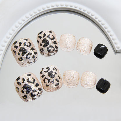 Exquisito estampado de leopardo champán, fino flash de moda, uñas de los pies blancas versátiles extraíbles, 24 piezas ｜365nails