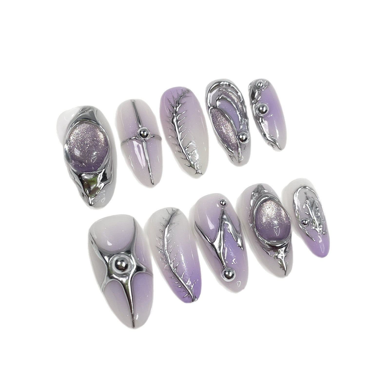 Futuristic Silver Chrome Liquid Metal Lavender Press-On Nails