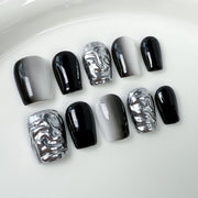 Black & Silver Gradient Nails with Sculpted Metallic Accents