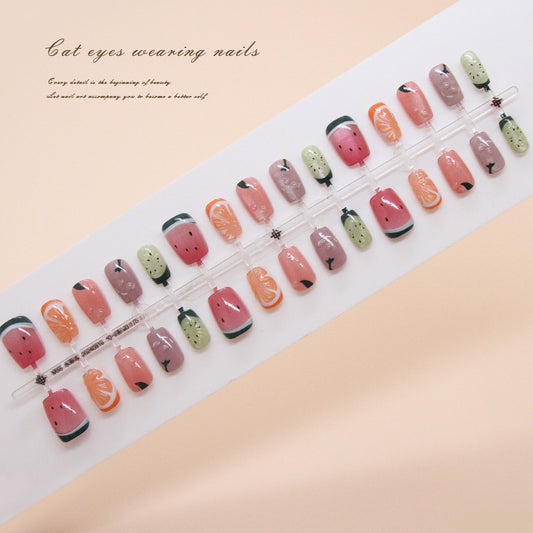 Nail Tips  prefabricated nail, press on nails, fresh fruit removable three-dimensional cat eye nail piece, short T nail patch ｜365nails