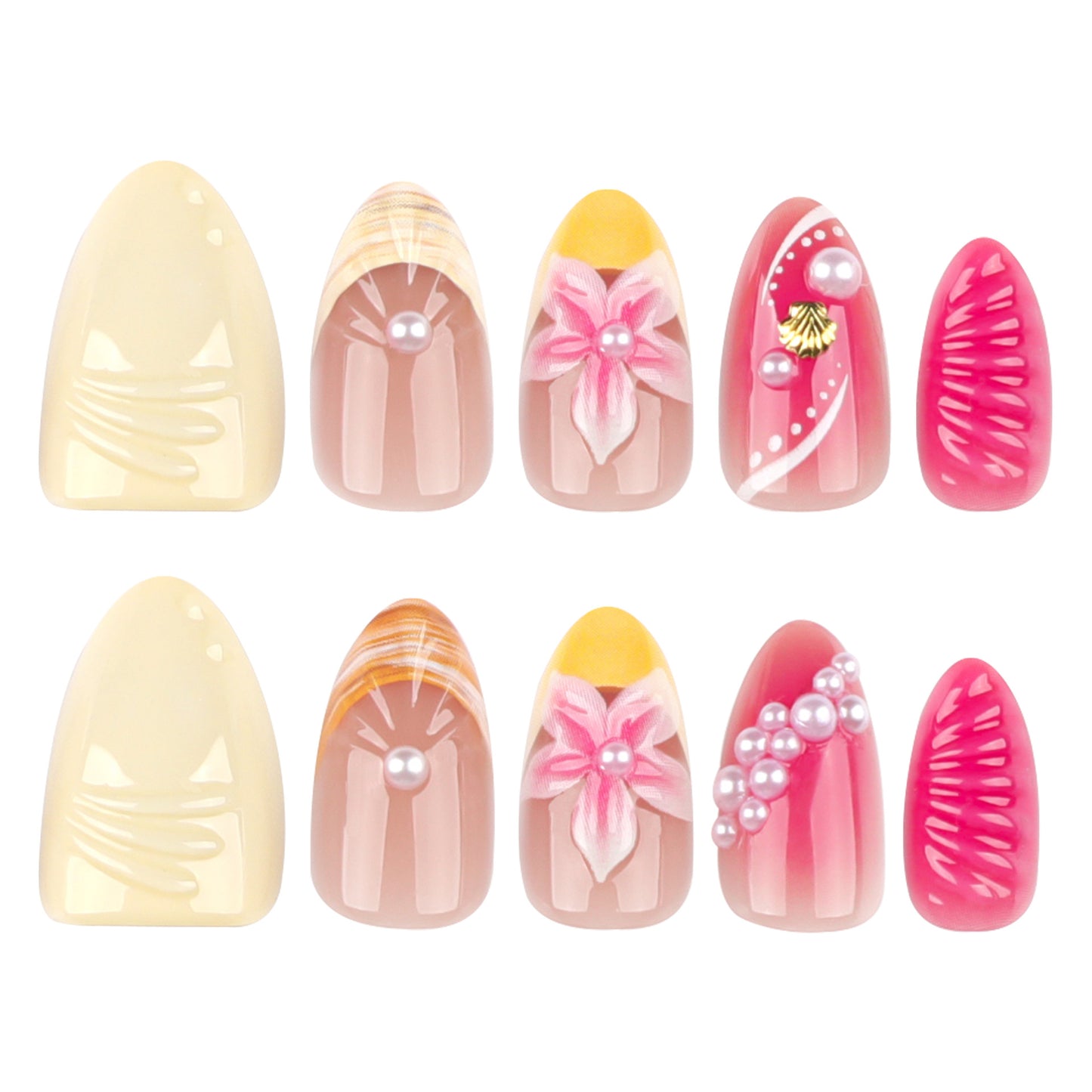Almond 3D three-dimensional flower short pearl mix and match press-on nails
