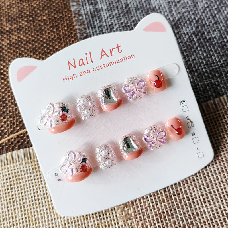 365nails: "sparkling peach cherry" – short round handmade kids press-on nails