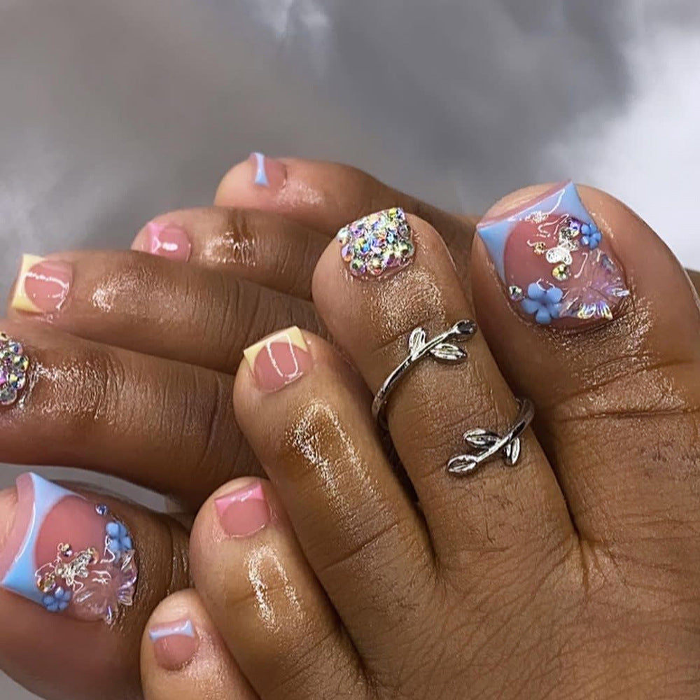 Uñas francesas para los pies con punta de taladro, uña mariposa, pieza de uña, destello de diamante, manicura de pie corta | 365nails