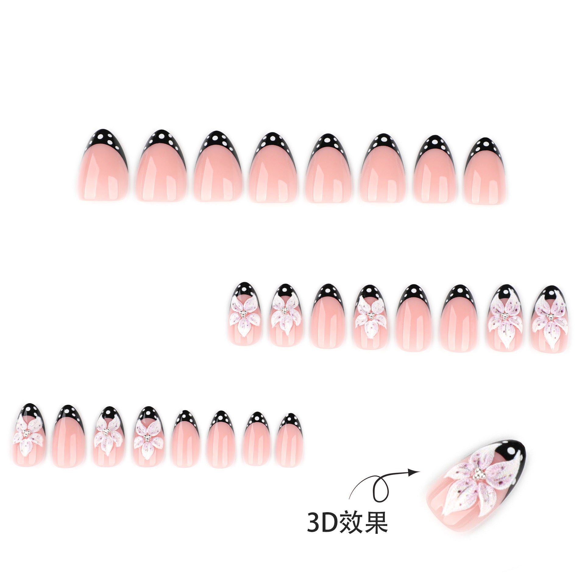 法式黑色穿戴甲搭配3D立體花朵