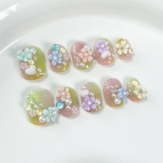 Handemade press on nails summer small fresh multi-color irregular gradual change cute flower short nail patch｜365nails
