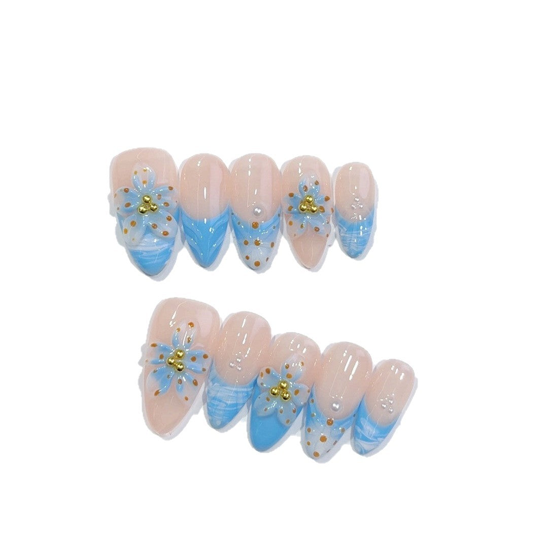 Ocean Bloom: "Blue Petal" – Medium Almond Handmade Press On Nails