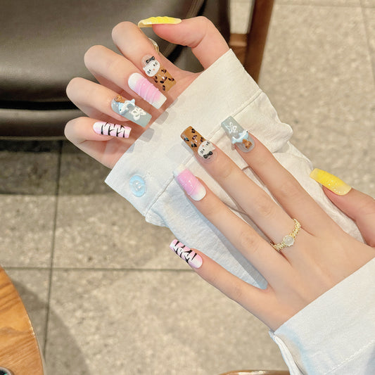 relief kitty cat cartoon cigarette pipe square nails zebra pattern handmade press on nails fake nails batch | 365nails