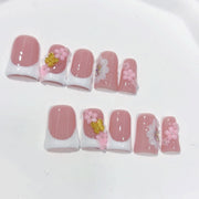 Blush Floral: "Pink Cherry French" – Short Square Handmade Press-Ons