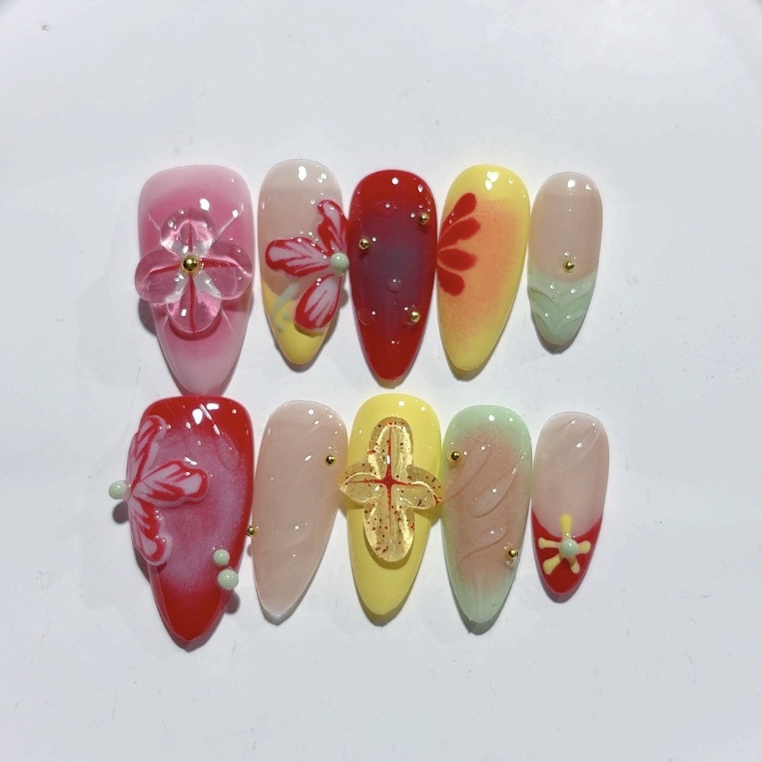 365nails-Tropical Bloom: "Vibrant Flower Starfish" – Almond Shape Handmade 3D Carved Press-On Nails