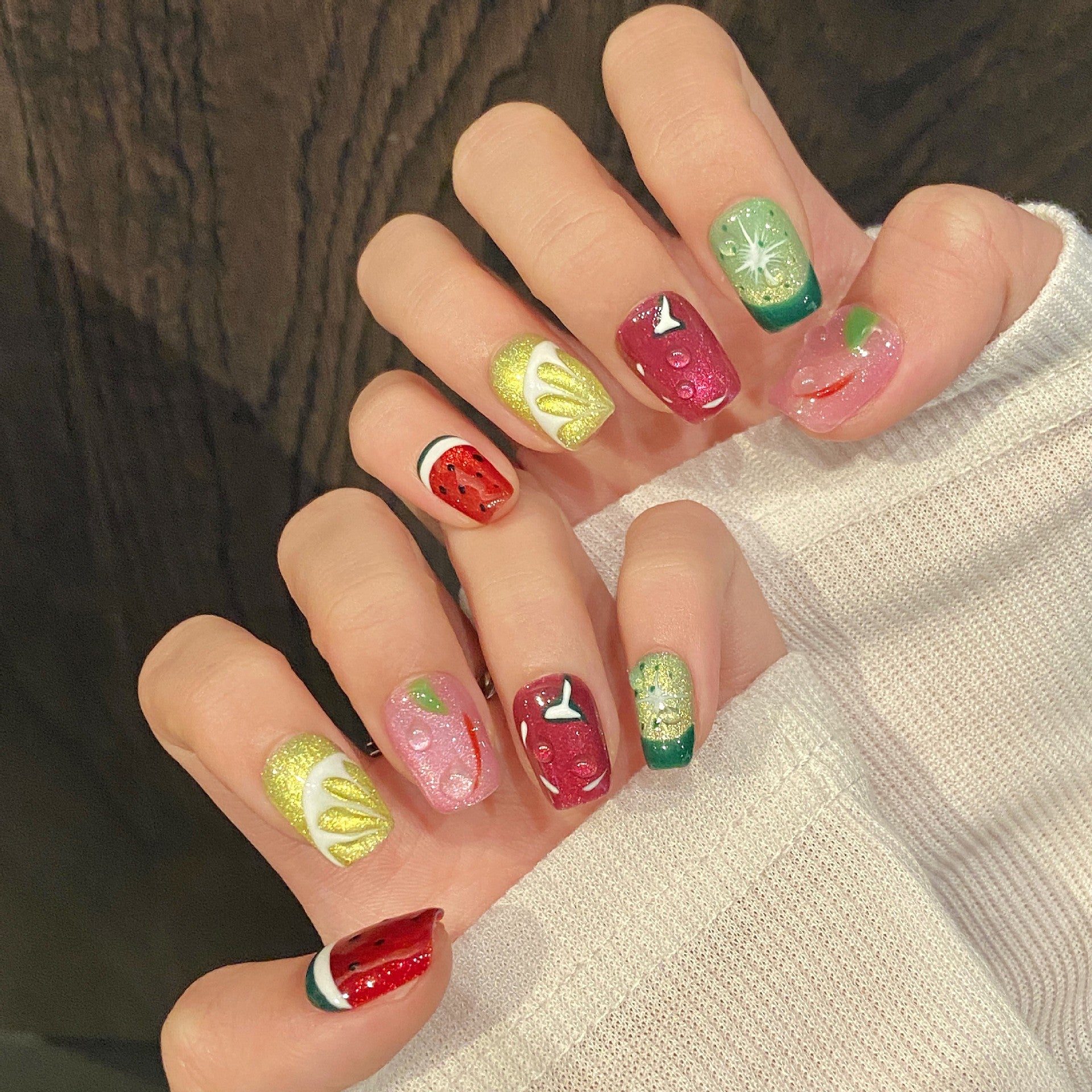 Summer Fruit Party Nails with Cat Eye and Carved Details