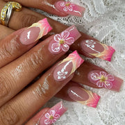 法式3D腮紅漸層短款方形完成花卉穿戴甲片 批發｜365nails