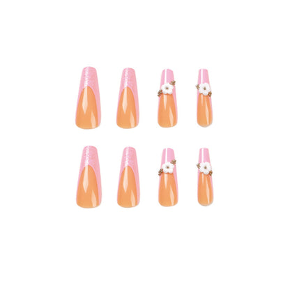 Wholesale of finished nail pads Wearing armor, French pink glitter, small flowers and small gold beads, nail pads with fake nails｜365nails