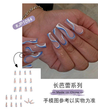 Balé francês longo com strass azul, linha ondulada, pequena flor preta, para manicure, fornecimento direto, patch 365nails