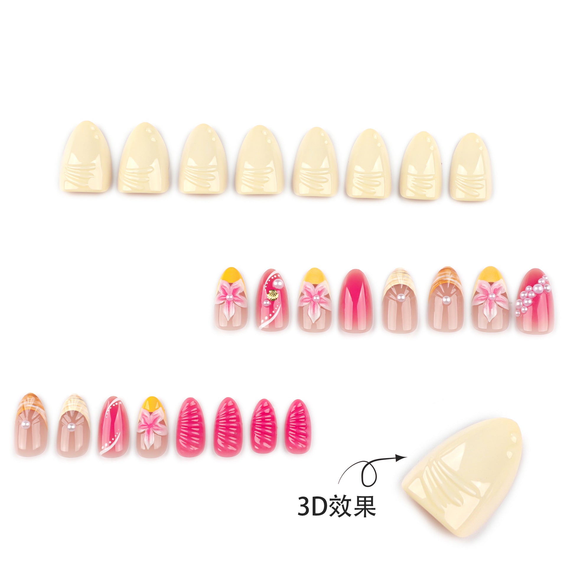 아몬드형 3D 입체 플라워 숏 펄 믹스 앤 매치 프레스온 네일