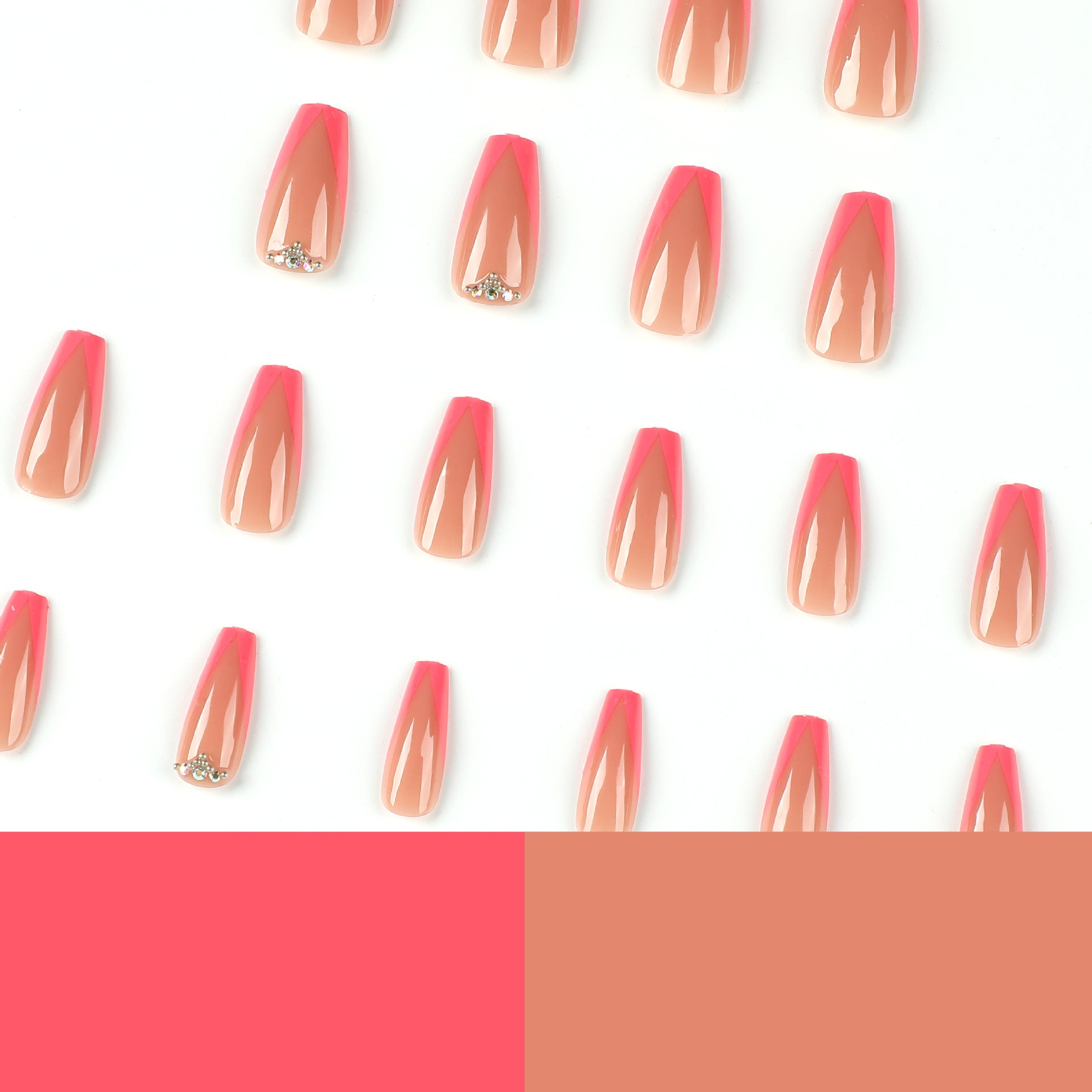 Unhas francesas em formato de V com bordas chanfradas, manicure com strass e diamantes brilhantes, mais vendidas no atacado｜365nails