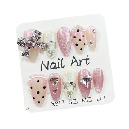 Handmade press on nails sweet and cute aurora nail patch hand-painted bow  almond nail  nail art｜365nails
