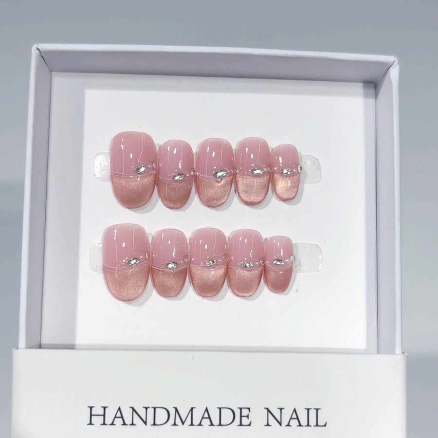 Pink Glow: "Nude Pink Rhinestone" – Square Shape Handmade Press-On Nails