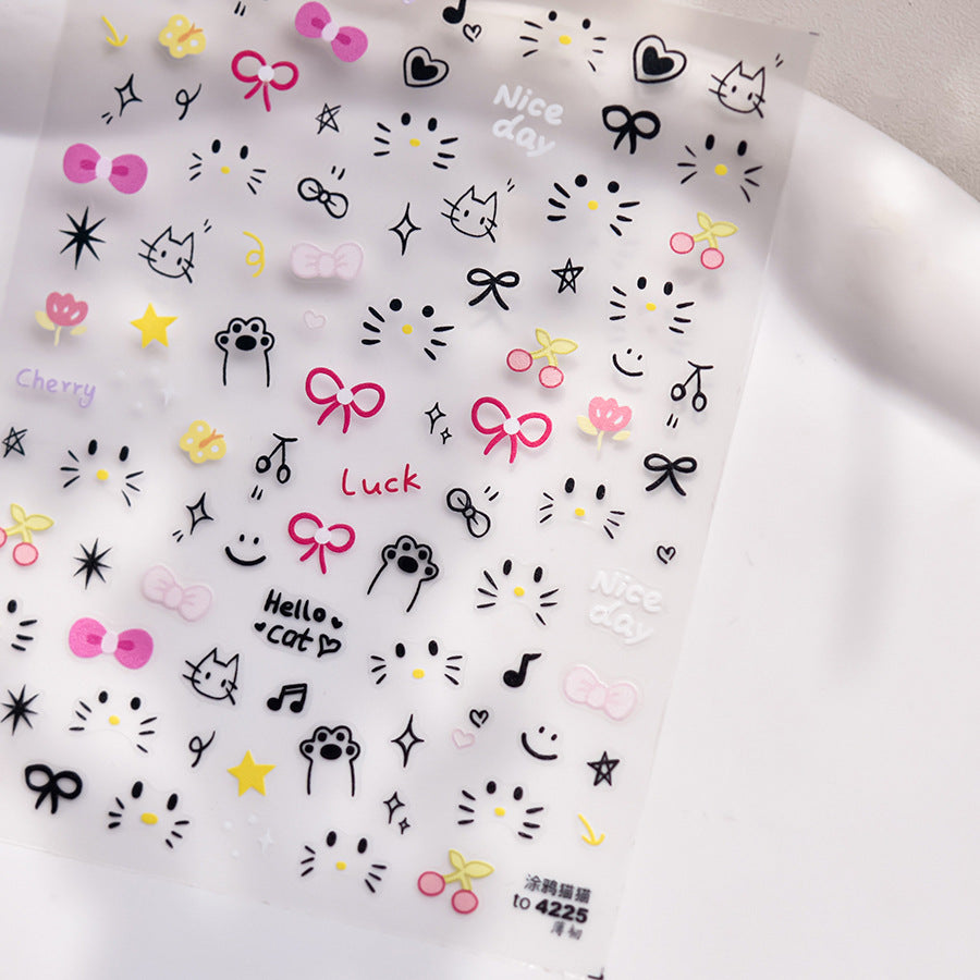 Cute Cat & Bow: "Kawaii Cat Playtime" – 5D Embossed Nail Sticker