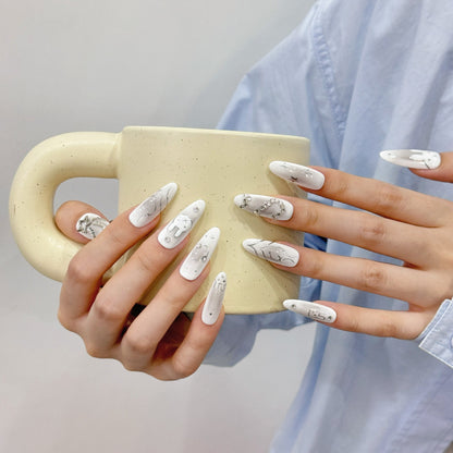 Unhas postiças artesanais com estampa de coelho, pintadas à mão, estilo Spice Girls, com pelo de coelho, diamante, branco escuro e retrô, avançado, feitas à mão | 365nails