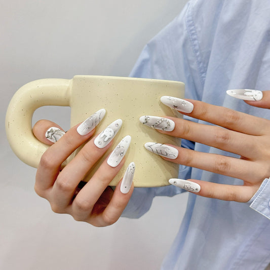 Unhas postiças artesanais com estampa de coelho, pintadas à mão, estilo Spice Girls, com pelo de coelho, diamante, branco escuro e retrô, avançado, feitas à mão | 365nails
